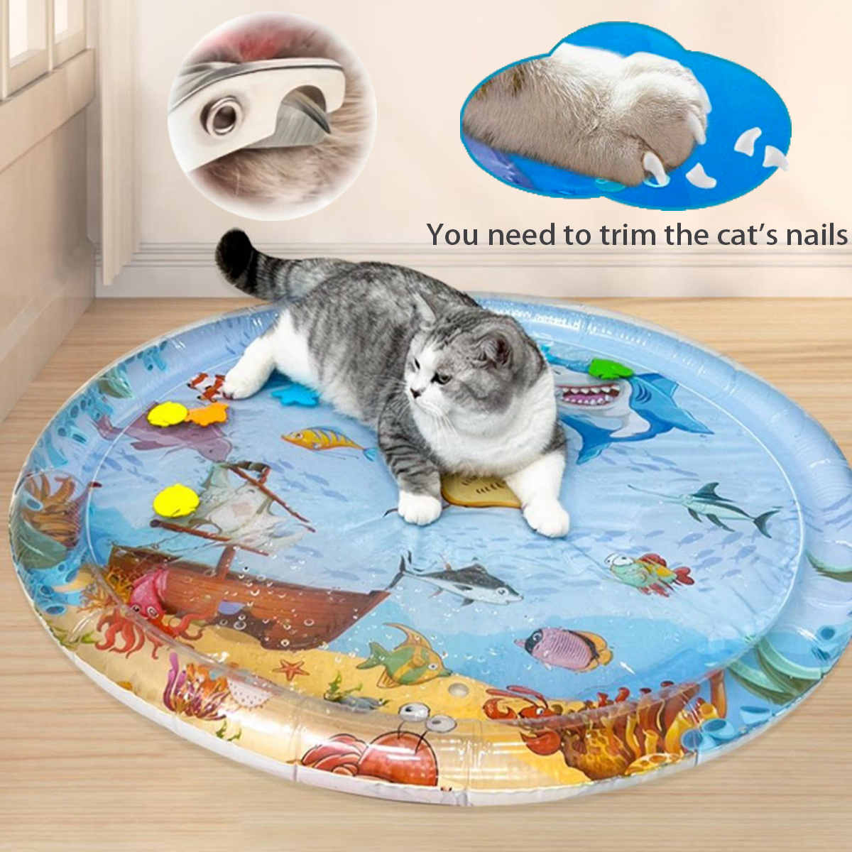 夏のペット冷却マット、猫と犬用の厚みのあるインフレータブルウォーターマット、魚海海洋テーマの感覚玩具水付きペットプレイマット