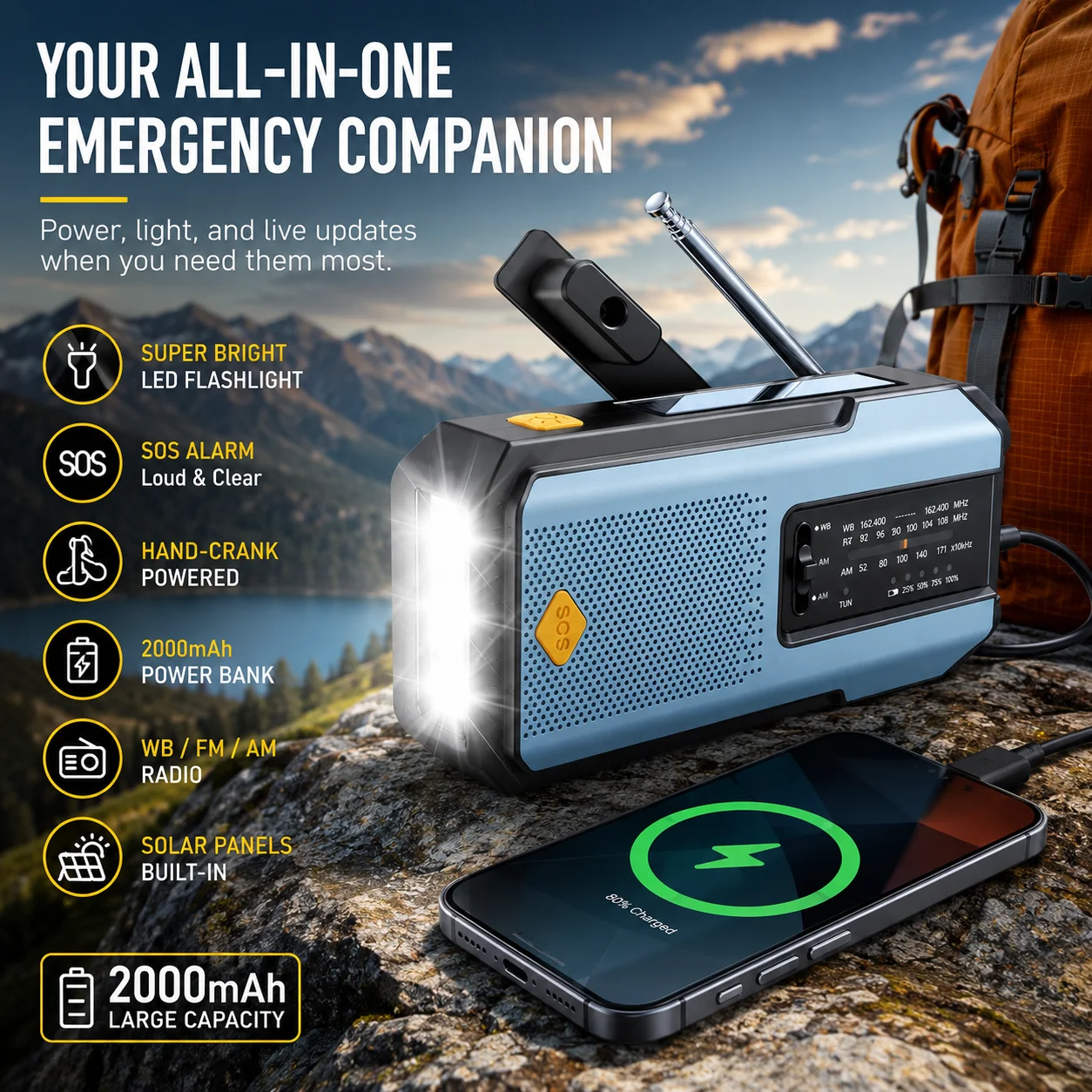 天気ラジオ緊急多機能ラジオ FM AM WB 手回しソーラー USB 充電 2000mAh パワーバンク LED 懐中電灯トーチ
