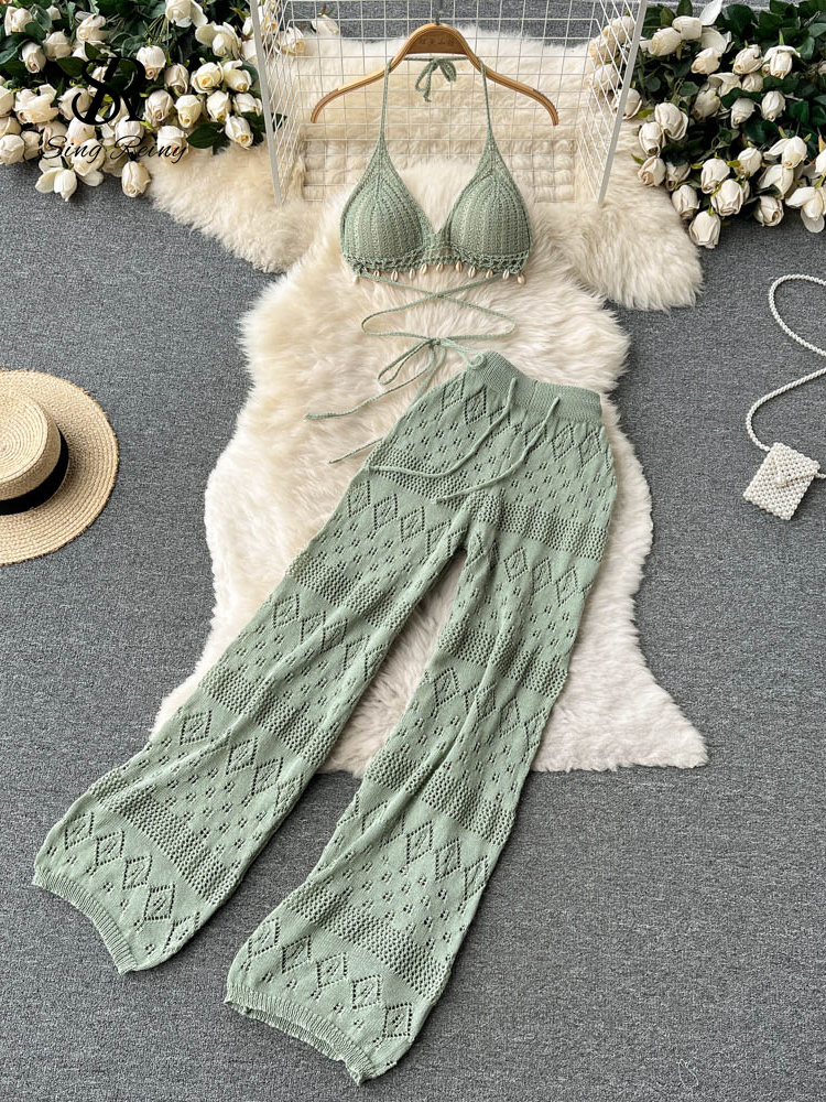 SINGREINY Women Summer Knitted Set Halter Short Tops+ Hollow Wide Leg Long Pants Sets Shell Beach Sexy Backless Two Piece Suits