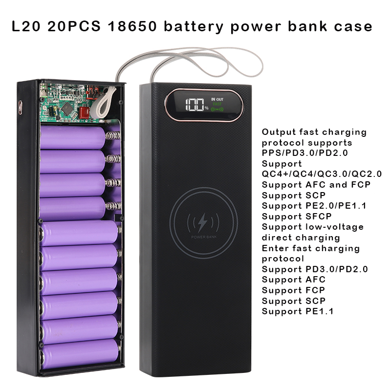 20 × 18650 バッテリーパワーバンクケース 22.5 ワット 15 ワットワイヤレス高速充電バッテリー収納ボックス溶接不要 DIY 取り外し可能