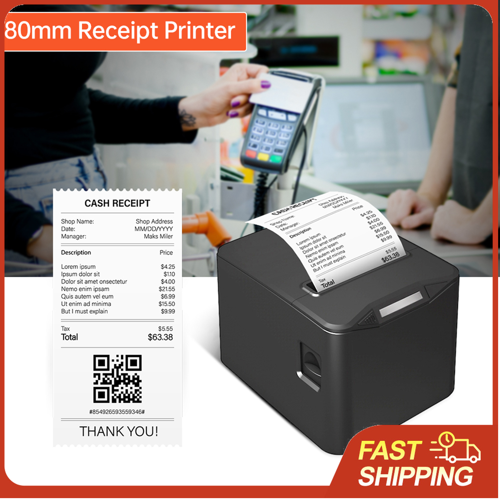 POS-8370 サーマルレシートプリンター 80mm USB/LAN 220mm/s 高速印刷 オートカッター付き 小売店レストランカフェビジネス POS システム用