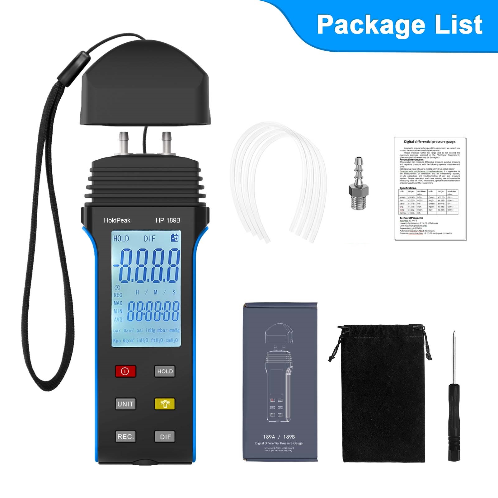 189B 30PSI Digital Differential Pressure Gauge HVAC ±0.3%FS Dual Port Manometer for Gas Pressure Tester Backlight Data Hold