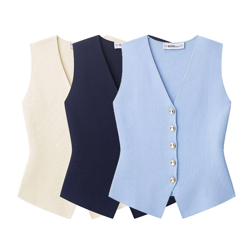 Willshela 女性ファッションソリッドシングルブレストニットベストタンクトップヴィンテージ V ネックノースリーブ女性シックなレディトップ