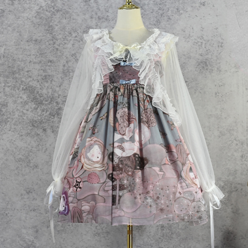 和菓子ロリータシフォンショールトップ女性ヴィンテージエレガントなフリル O ネックメッシュカーディガン夏かわいいかわいい弓プリンセスポンチョ