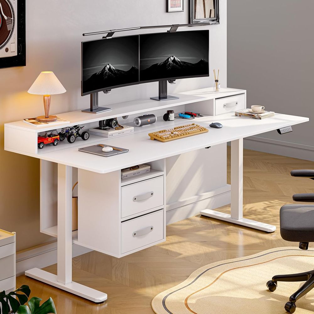 電動高さ調節可能スタンディングデスク、55x24インチ、引き出し3つとオープンシェルフ付き、ホワイト