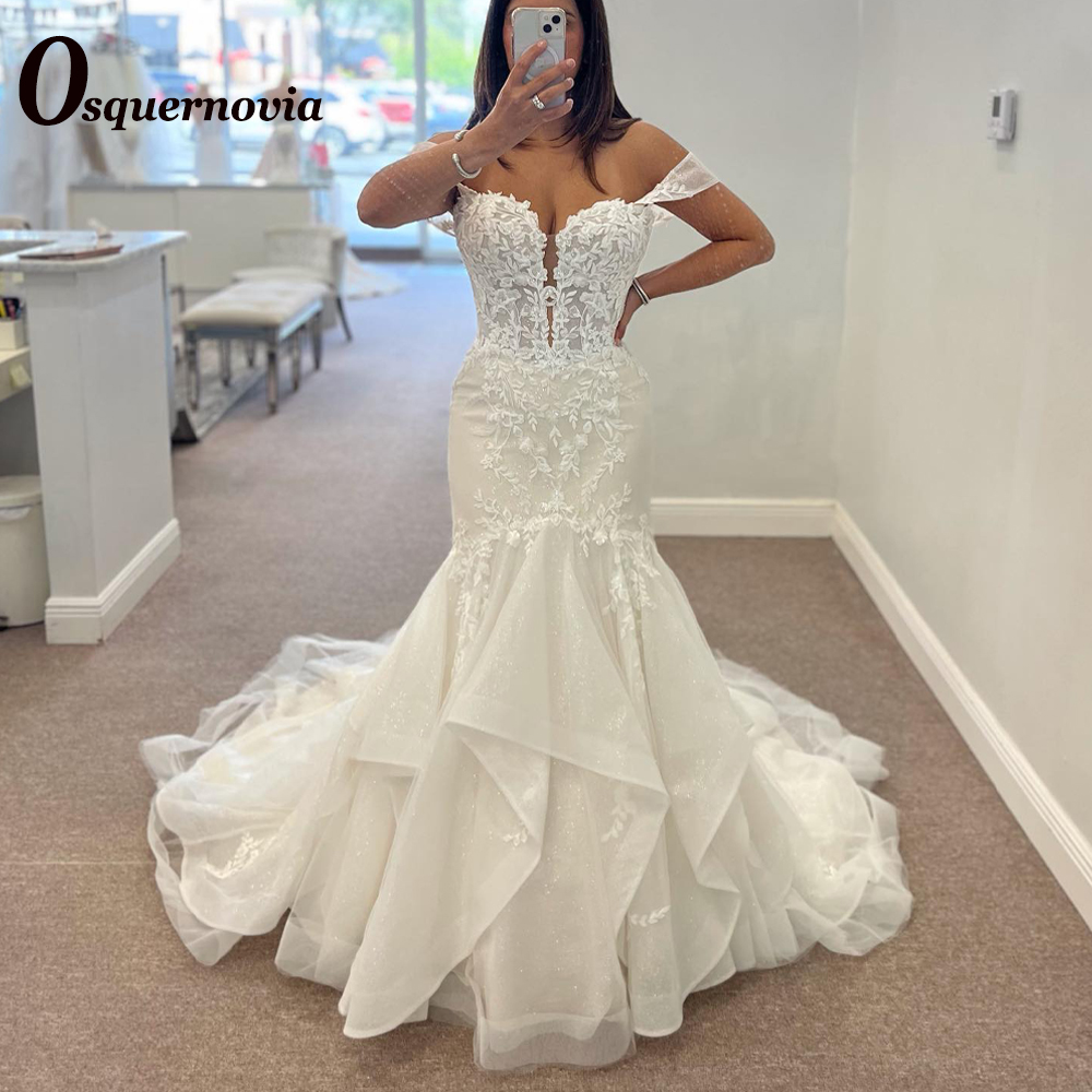 Osquernovia グリッターマーメイドウェディングドレス女性のためのスパンコールレイヤードレースアップレースアップリケ Vestidos Novias Boda ドロップシッピング