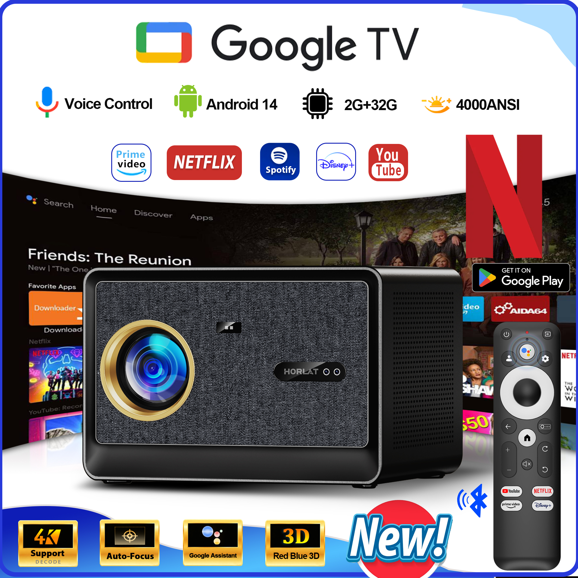 HORLAT 4000ANSI ルーメンウルトラ HD プロジェクタービデオ映画 Google TV ホームシアター 32 ギガバイトの Android 14 オートフォーカススマート TV ビームプロジェクター