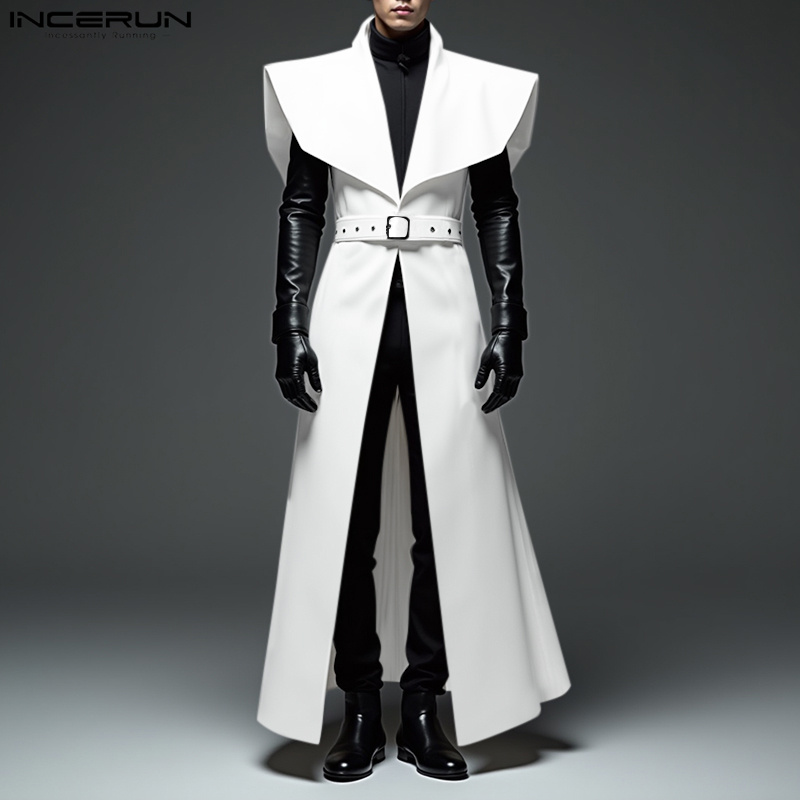 INCERUN 男性ロングスタイルトレンチラペルノースリーブ無地カジュアル男性カーディガンベルトストリート 2025 ファッションコート S-5XL