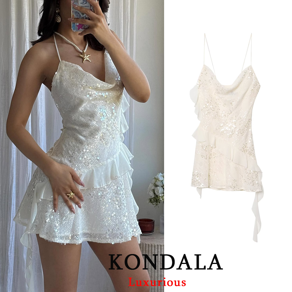 KONDALA セクシーなシックな女性ドレスソリッドキャミ背中の開いたスパンコールティアードミニショートドレスファッション 2025 秋のイブニングクラブパーティードレス