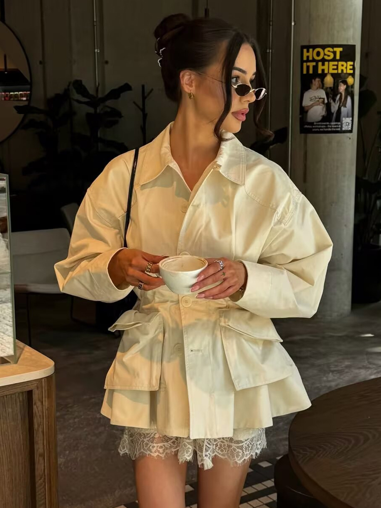 HH エレガントな女性のポケット装飾ジャケット春秋長袖ターンダウン襟ウエスト絞りコート女性のシックなストリート