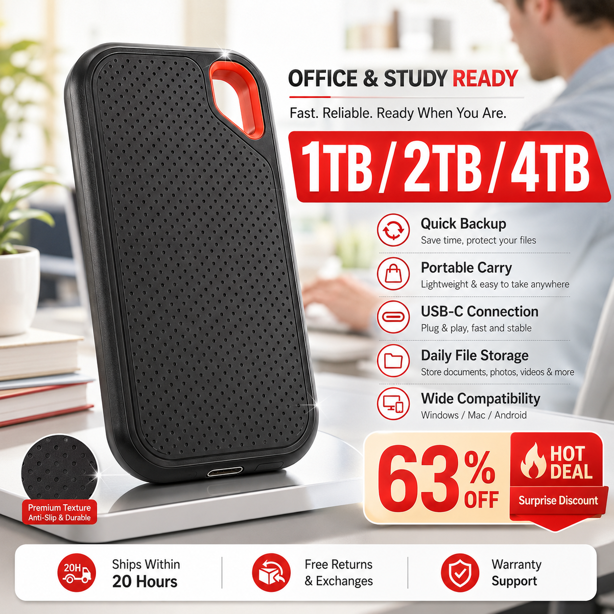 1TB ポータブル SSD 2TB 外付けハードドライブ USB Type-C ラップトップ/Mac 用コンパクトストレージ