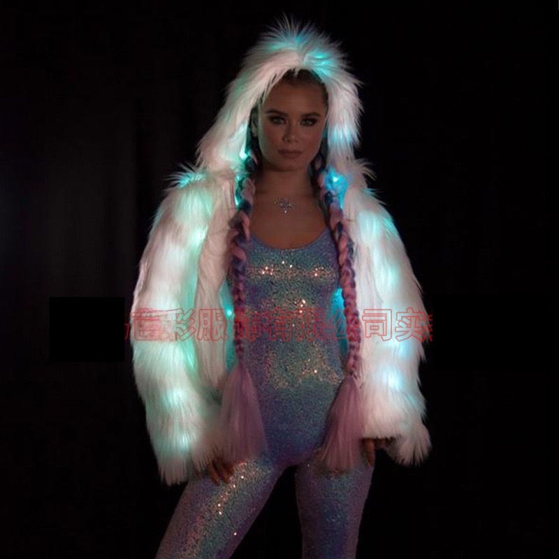 LED ライトアップフェイクファーコート女性のパーカージャケットフェスティバル EDM パーティーナイトクラブ着用絶賛衣装 2026 新しい