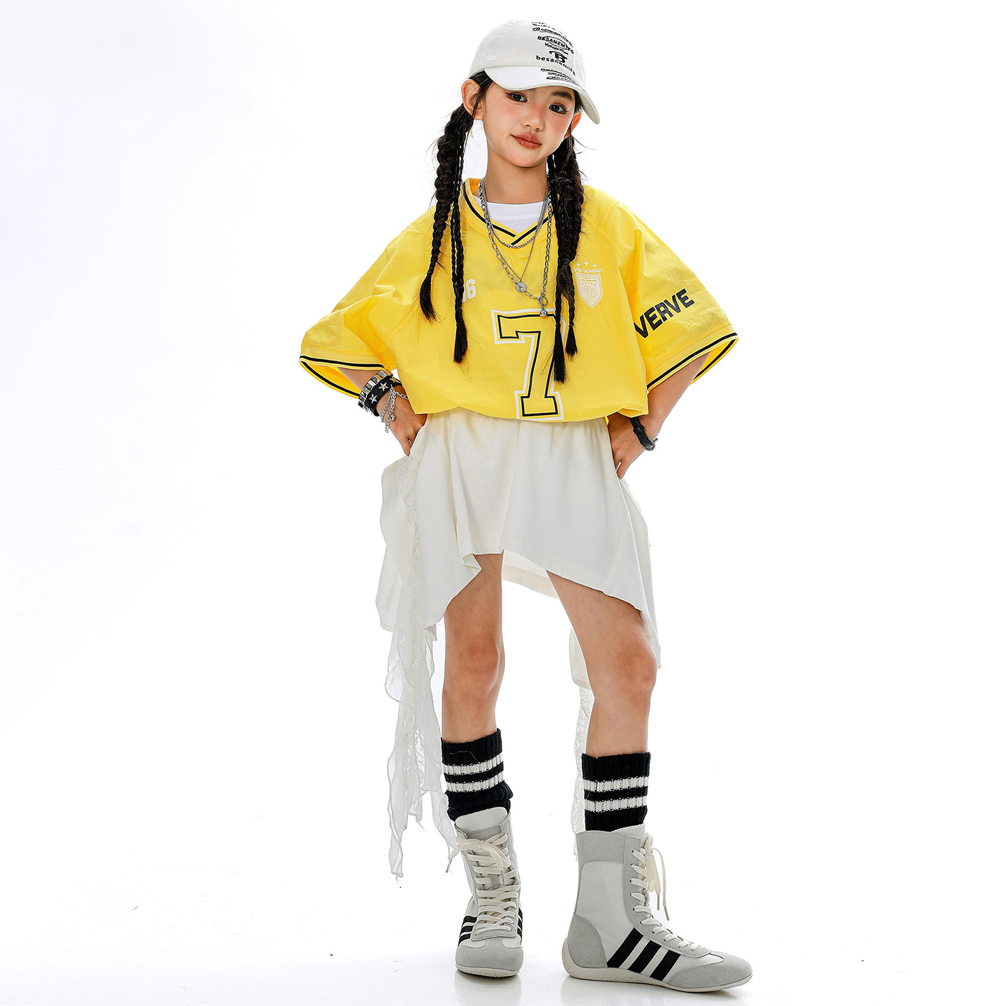 Kid Kpop Hip Hop Clothing Yellow V Neck Jersey T Shirt Top White Street Lace Trim Skirt for Girl Jazz Dance Wear Costume Clothes