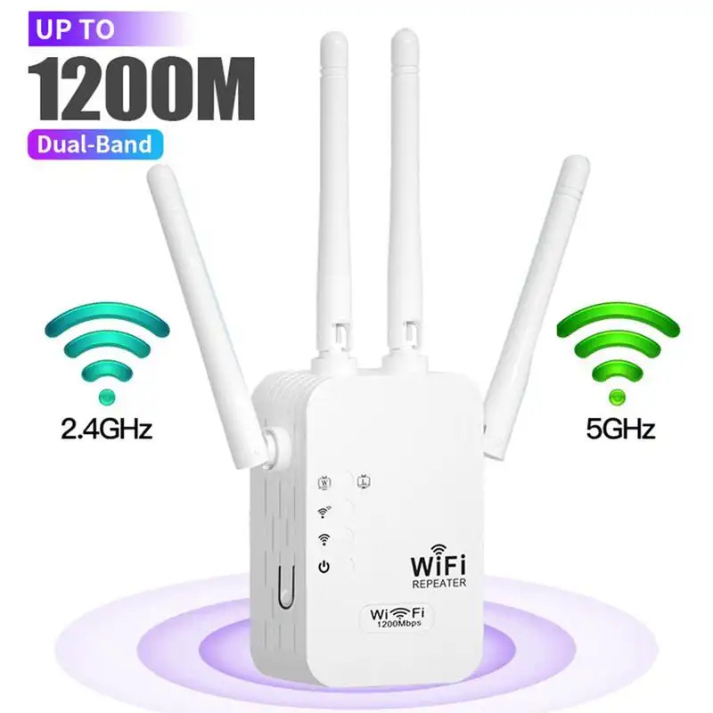 WiFi エクステンダー 1200Mbps デュアル バンド (5GHz/2.4GHz) 信号ブースター、10,000 平方フィートをカバー