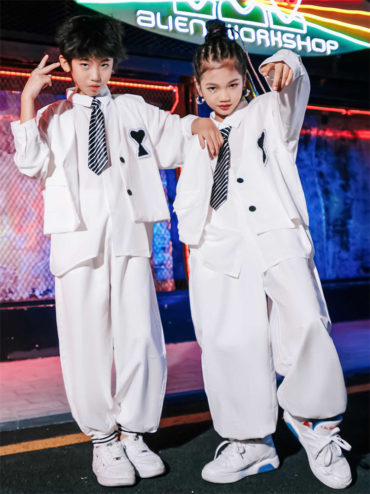 ルーズ長袖ヒップホップの服女の子ジャズストリートダンスパフォーマンスステージ衣装男の子子供白シャツパンツ