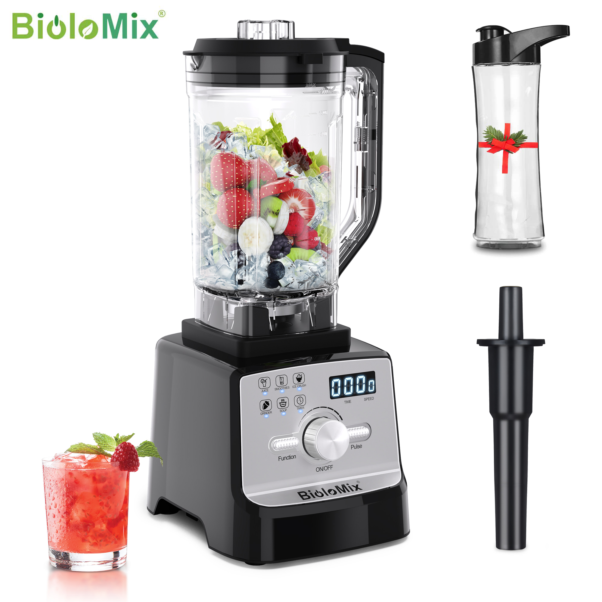 BioloMix プロフェッショナルブレンダースムージーミキサー、2L BPAフリーピッチャー、スマートタイマー、事前にプログラムされたピーク2200Wパワーミキサー付き