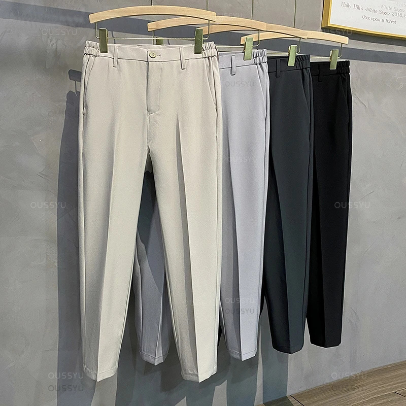 夏のメンズカジュアルパンツスーツパンツスリムフィット仕事弾性ウエスト薄型ジョギングビジネスズボン男性黒グレープラスサイズ 40
