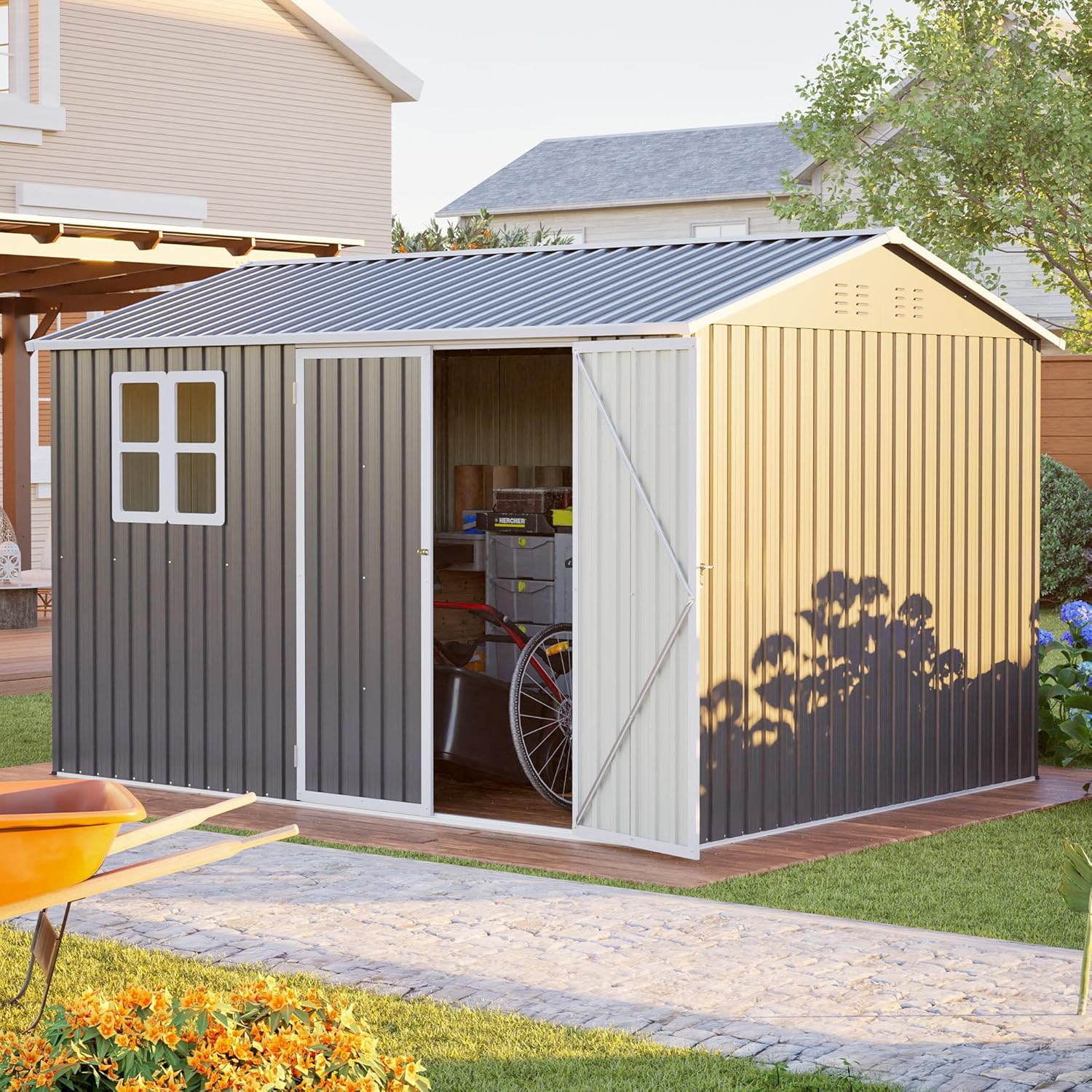 10x8フィートの床付き屋外収納小屋、透明な窓付きの金属製工具小屋、ロック可能なドア