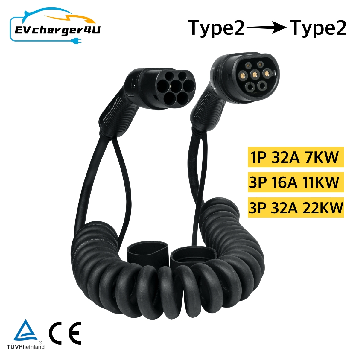 EVcharger4U IEC62196 タイプ 2 からタイプ 2 スパイラル EV 充電器ケーブル 3 相 11KW 22KW コイルコード電気自動車充電ステーション用