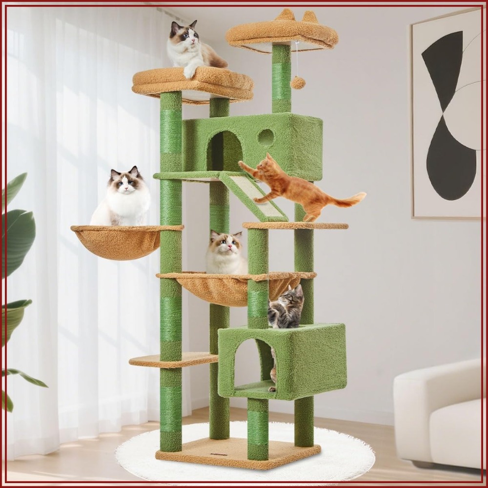 71インチの屋内猫用キャットタワー、多段式大型猫用コンドミニアム、サイザル麻製スクラッチポスト8本、メタルハンモック、スクラッチボード、トップパーチ2個付き