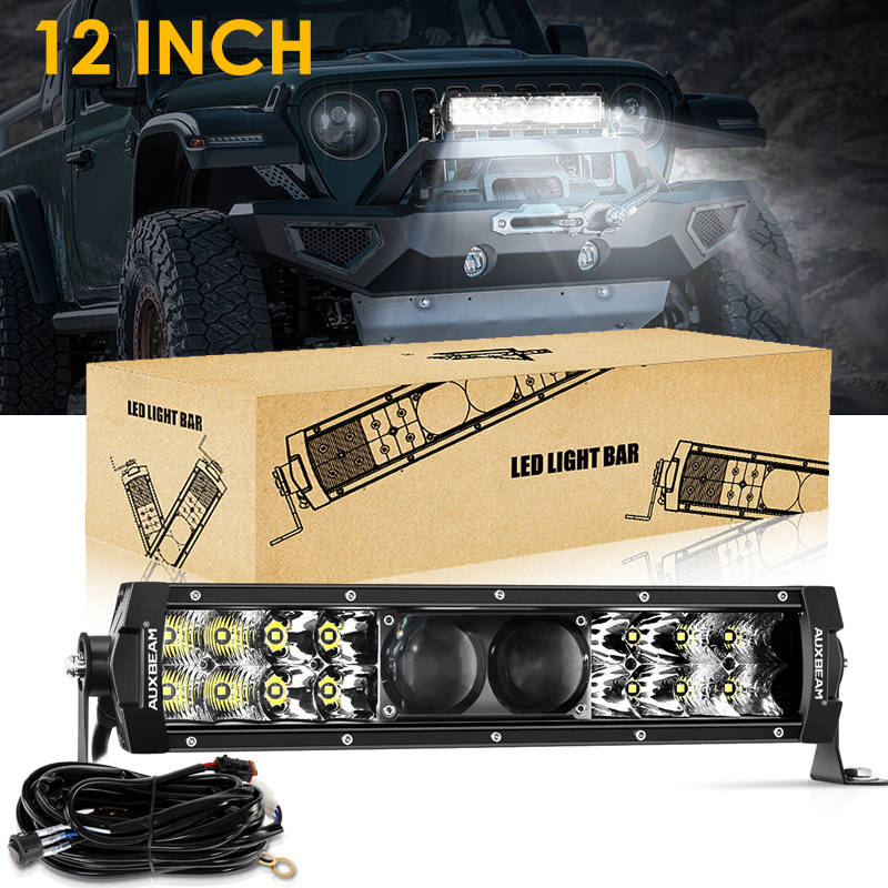 AUXBEAM 12 Inch 5D 64W Dual Row LED Work Light Bar Spot LED Work Lamp with Harness for Off Road SUV Truck Fork Lift