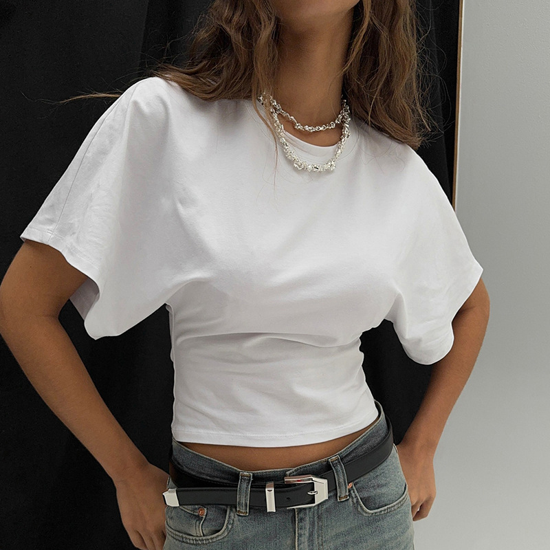 ファッション半袖スリムフィットウエストルーズブラウス女性エレガントな O ネック夏ショート Tシャツ新固体カジュアルシャツ Y2K ストリートトップ