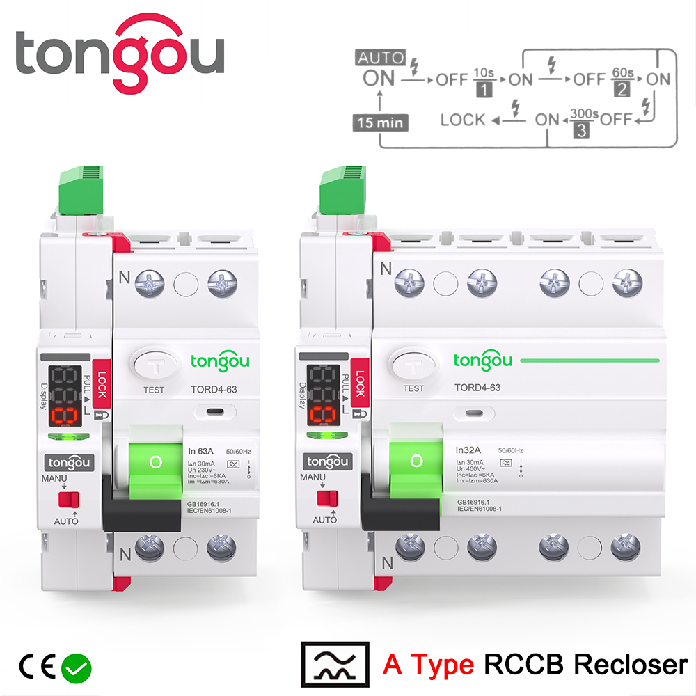 TONGOU 2P 4P タイプ A RCD RCCB LED 自動再閉路モジュラー安全スイッチ 6KA 16A/63A 30mA 230V 400V 漏電サーキットブレーカー