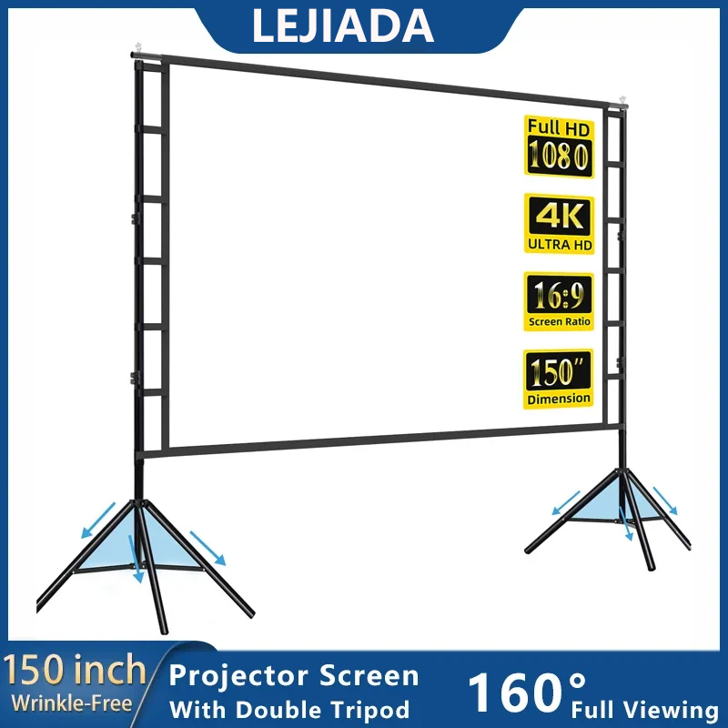 LEJIADA プロジェクタースクリーン スタンド付き ホワイト しわ防止 60-150インチ 160°視野角 両面スクリーン ホームシアター 屋外