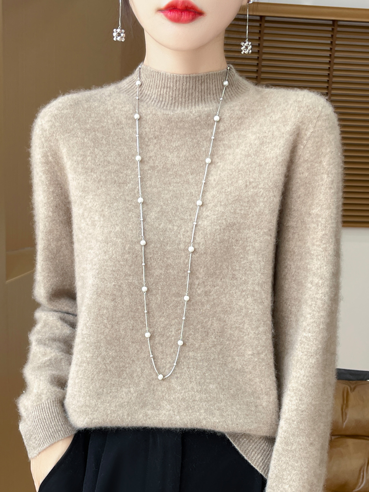 ファッション 100% ウールのセーターの女性のモックネックニットカシミヤプルオーバー秋冬長袖ジャンパー服トップス