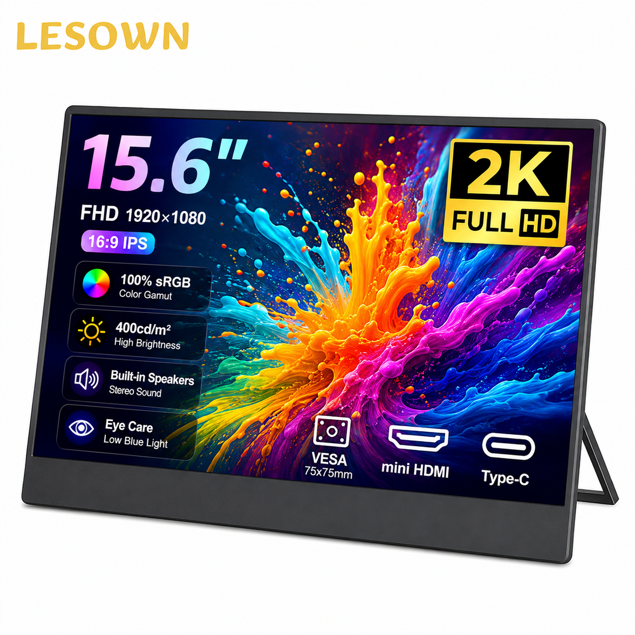 LESOWN 15.6 インチ Orange Pi システム用外部スクリーン 1920x1080 高鮮明度モニター、miniHDTV/Type-C ビデオリンク付き
