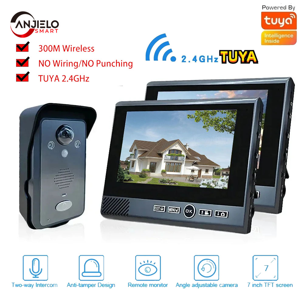 ANJIELO 1080P ワイヤレスビデオドアベル、穴なし取り付け、モーション検出、Tuya APP サポート、ホームセキュリティ用のロングスタンバイ