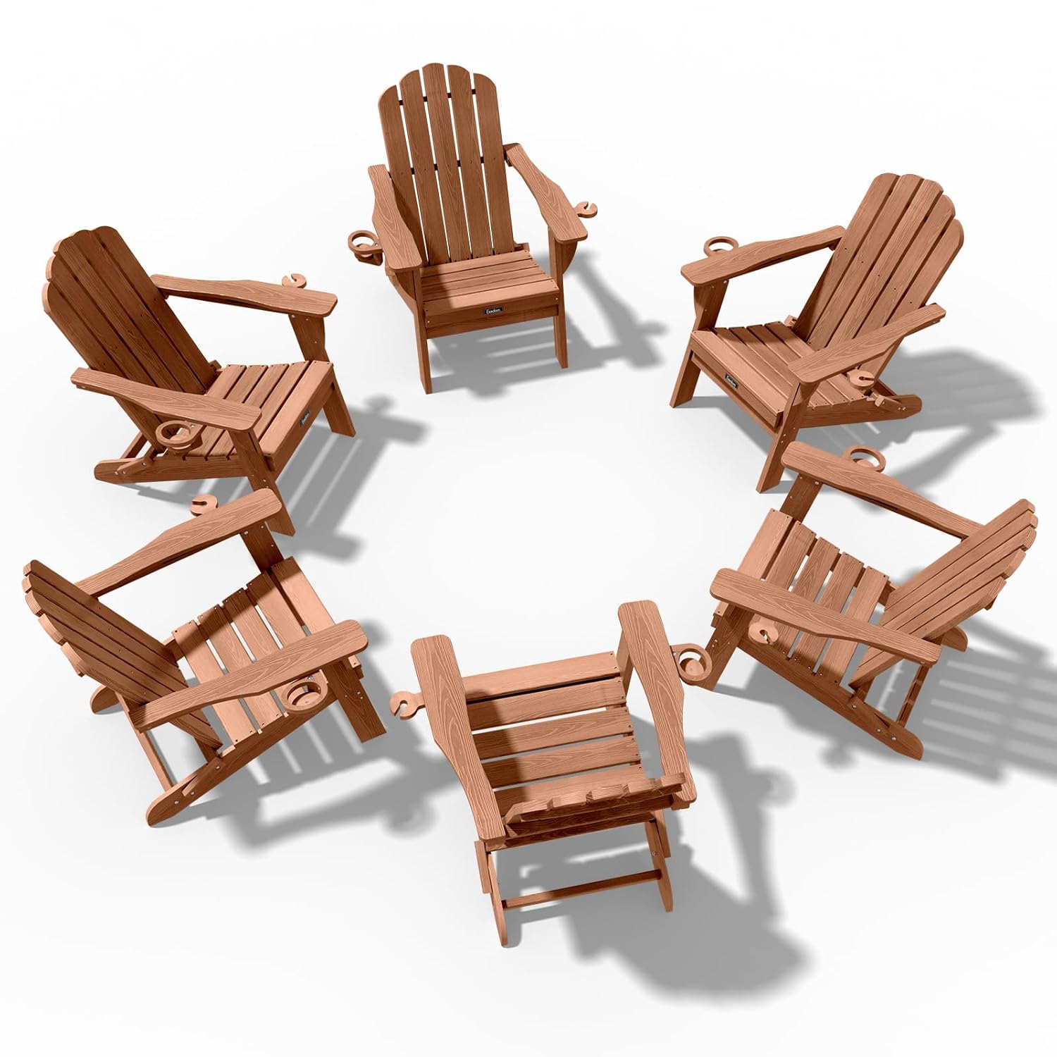 Adirondack チェア 6 個セット、ファイヤーピットチェア、ウッドテクスチャパティオチェア、カップホルダー 2 個付き、屋外芝生チェア、チーク、カスタマイズ
