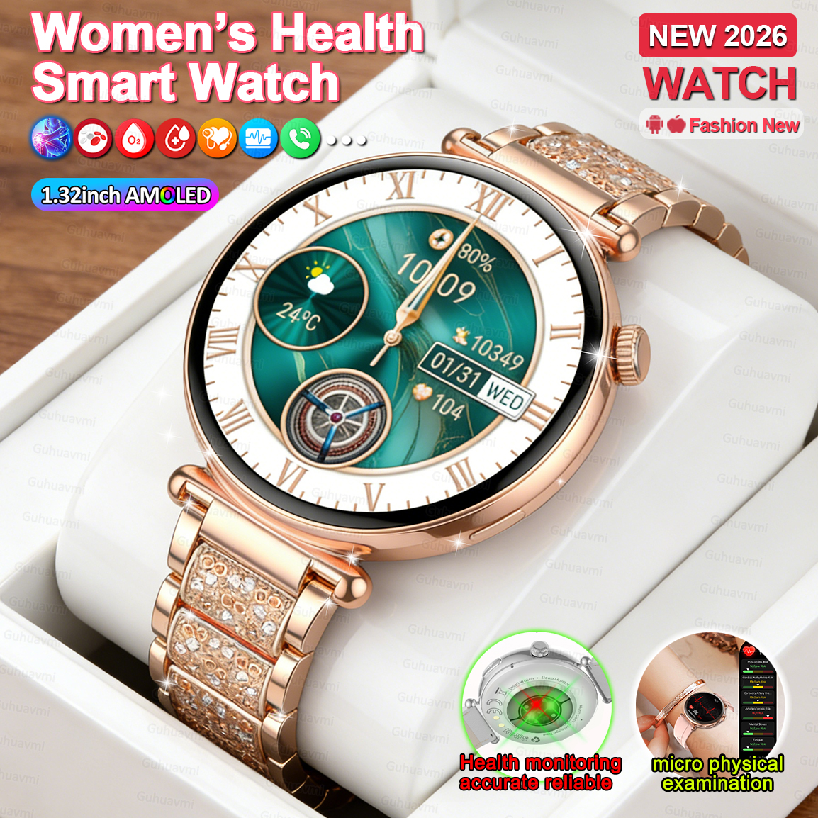 新しい 1.32 インチスマートウォッチ女性のための健康 ECG 健康女性腕時計フルタッチスクリーン通話カスタムダイヤルダイヤモンドストラップスマートウォッチ