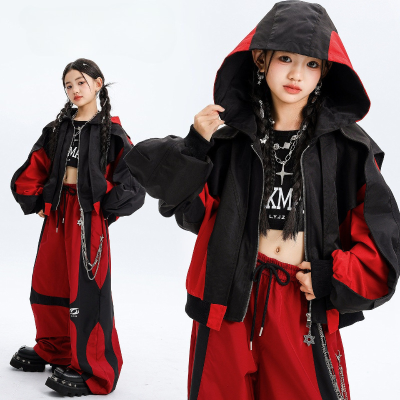 ヒップホップ女の子赤黒フード付きジャケットだぶだぶのパンツクールなストリートグループジャズステージ服セットファッションストリートダンス衣装