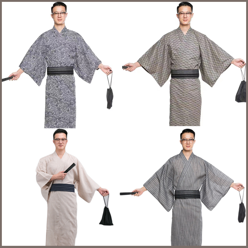 2023NEW 日本の伝統的なサムライ着物男性レトロ浴衣バスローブ兵児帯ルーズサウナ着用ホームウェアベルトロングガウン