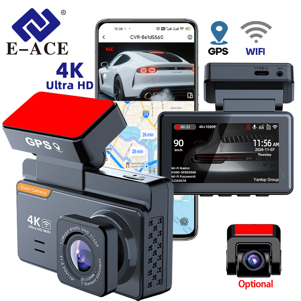E-ACE 3 インチ UHD 4K ビデオレコーダー録画車カメラ DVR ナイトビジョンダッシュカム内蔵 Wi-Fi と GPS 24 時間駐車監視