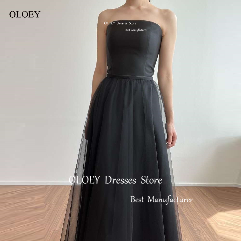 OLOEY シンプルな A ライン黒のイブニングドレスチュールボレロ韓国写真撮影結婚式ストラップレスフォーマルな機会パーティーコルセットカスタマイズ