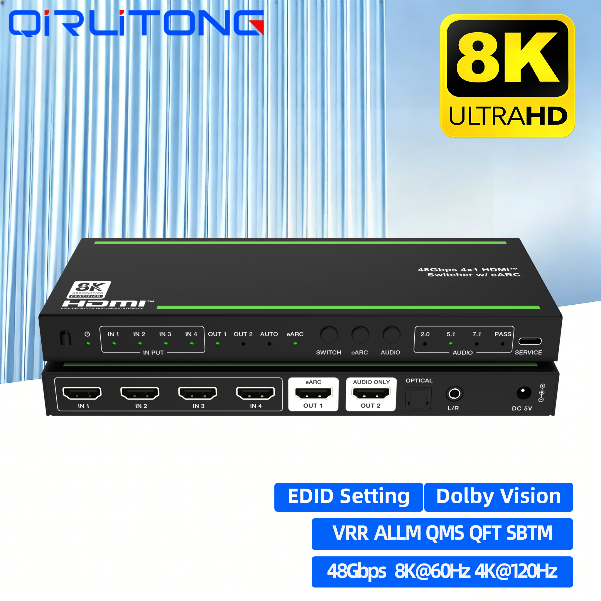 8K HDMI スイッチャー 8K@60Hz 4x1 eARC/ARC オーディオ エクストラクター SPDIF EDID 管理 48Gbps 4K@120Hz VRR ALLM for PS5 XBOX シリーズ X