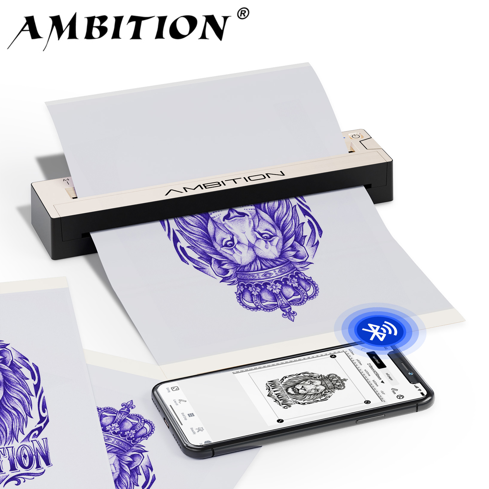 Ambition ワイヤレスポータブルサーマルタトゥープリンターインクレス転送機 A4 HD プリンター Bluetooth USB 電話