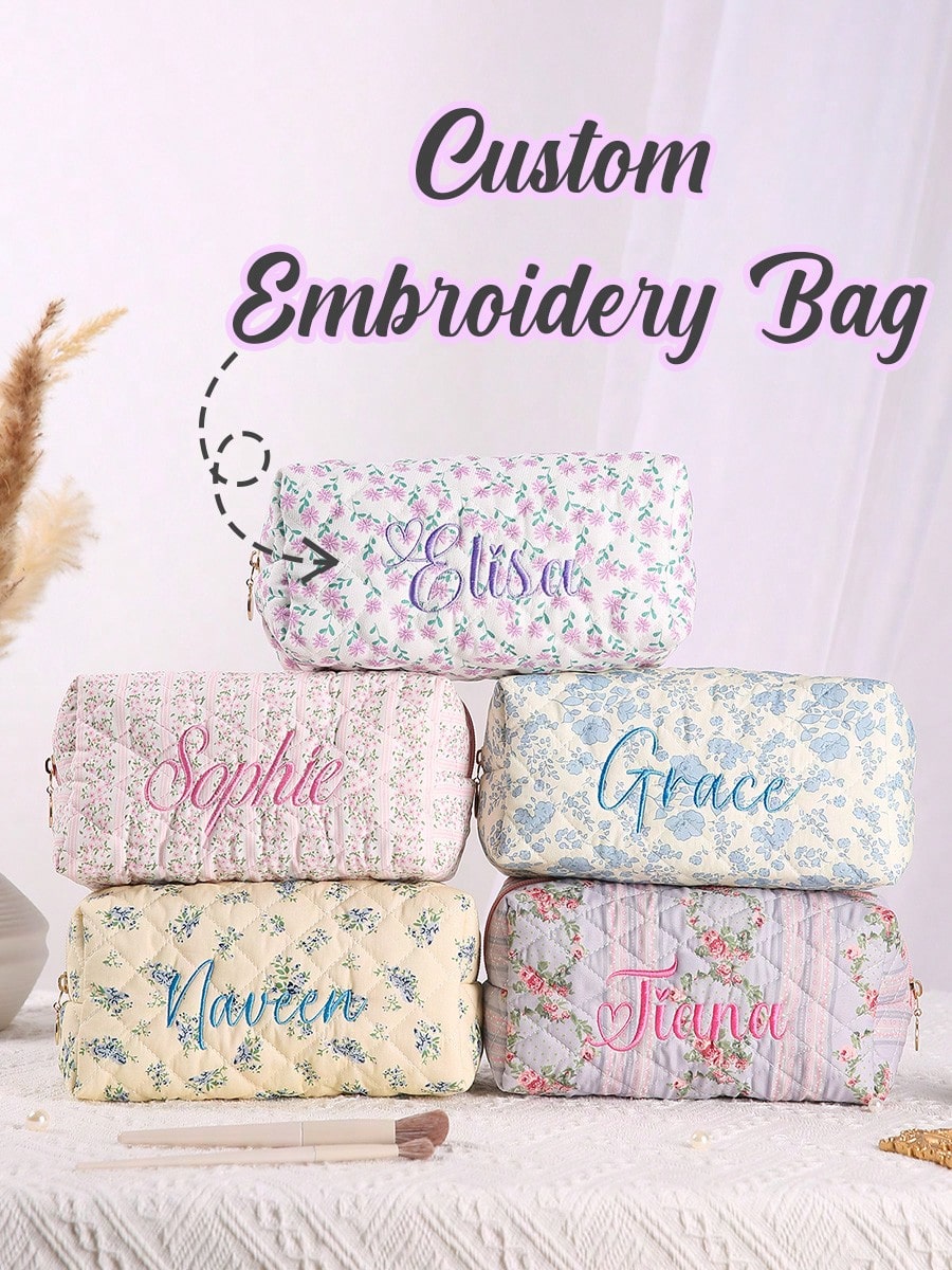 Custom Embroidery Bag Personalized Name Makeup Pouch Floral Quilted Cosmetic Bag Women Girls Gift Toiletry Organizer Pencil Case