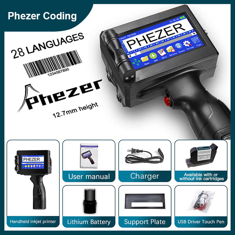 Phezer P15 12.7 ミリメートル/25.4 ミリメートル 28 言語ラベルプリンタ QR バーバッチコード日付番号ロゴ有効期限ハンドヘルドインクジェットプリンタ