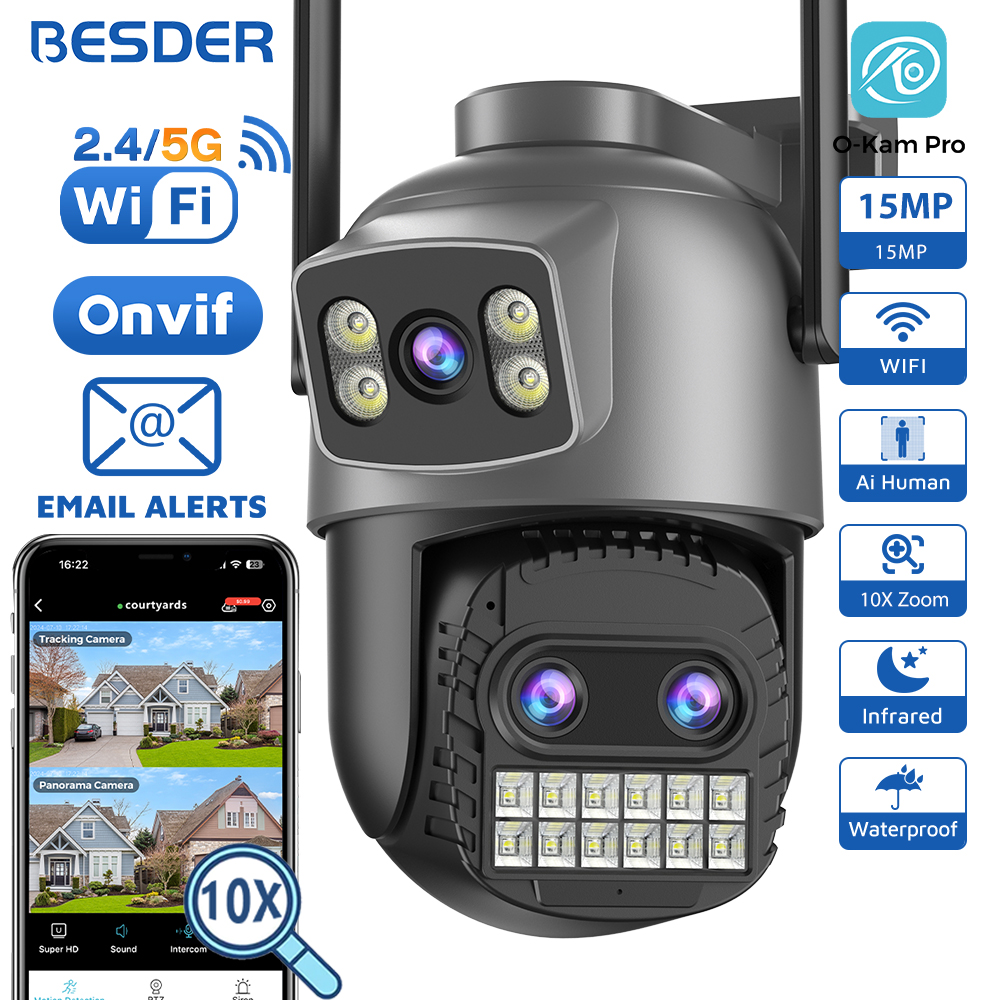 BESDER 15MP Wifi カメラ屋外デュアルスクリーン 10X デジタルズーム CCTV ビデオ監視カム PTZ 8MP セキュリティ IP カメラ O-Kam Pro