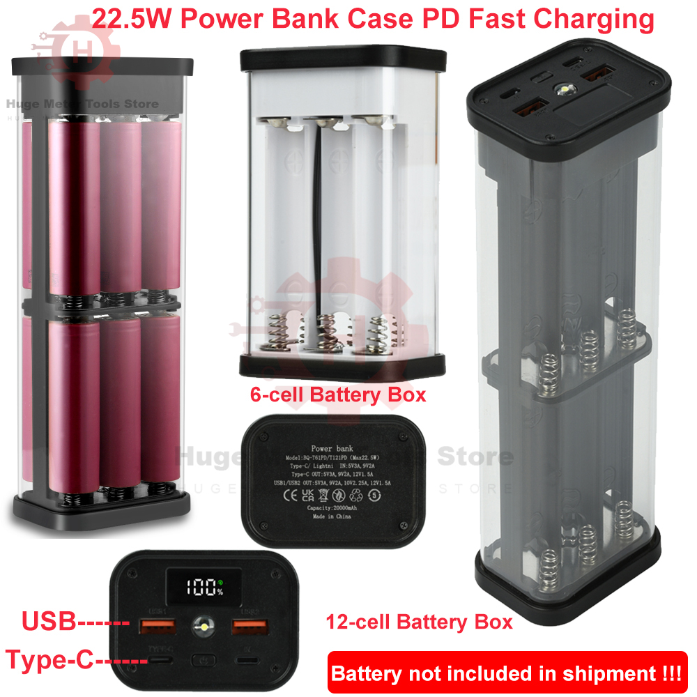 22.5W パワーバンクケース PD 急速充電 6/12 セル 18650 バッテリーボックス完全透明はんだレスモバイルパワーバンク DIY キットタイプ