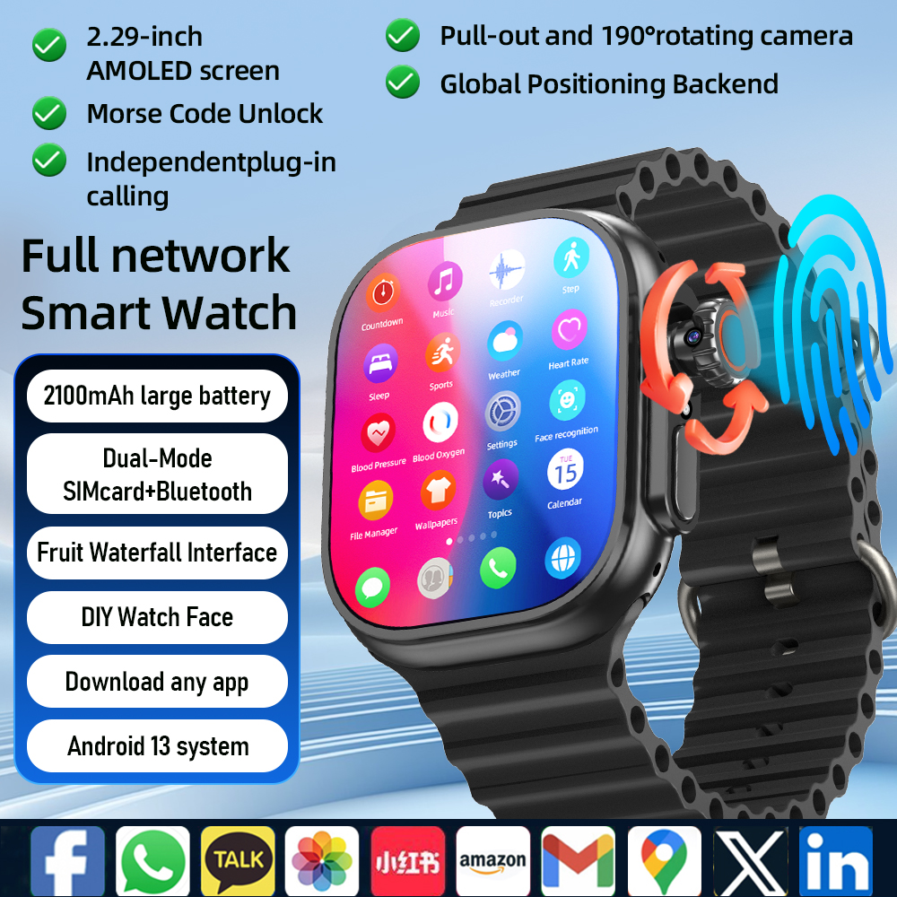 DW200 ウルトラスマートウォッチ Android 13.0 5G 2.29 ''AMOLED 490x580 GPS 8MP 回転カメラ Google Play ビデオ通話赤外線制御