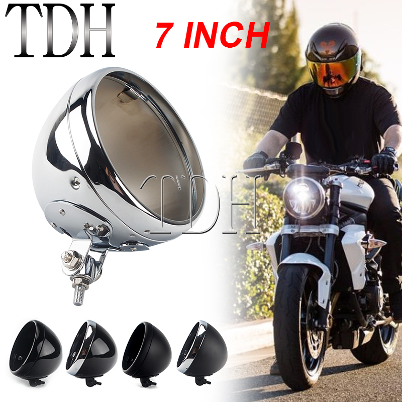 ユニバーサルオートバイクローム 7 "ヘッドライト LED ヘッドランプ電球バケットハウジングハーレーカスタムボバー 7 インチ灯台シェル