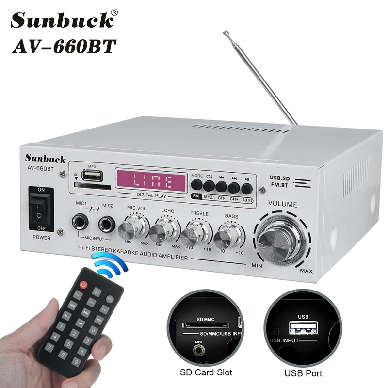 SUNBUCK AV-660BT サウンドアンプ CH 2.1 パワーアンプホームカーミーティングシアターアンプサポート EQ FM USB SD カード 2 マイク入力