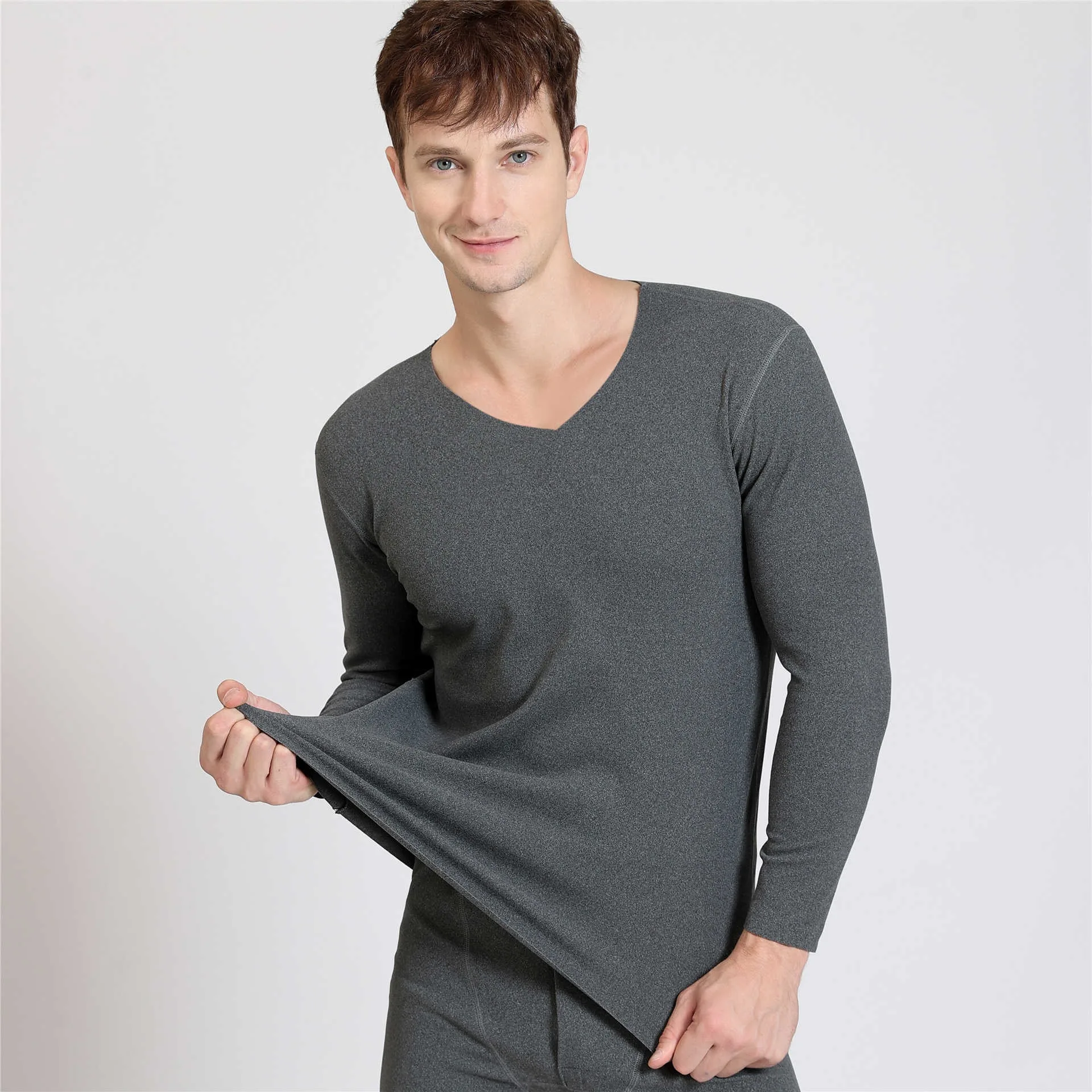 1 個秋冬シームレスメンズ長袖熱下着男プラスサイズ V ネック薄いベルベット秋服トップス XL-7XL