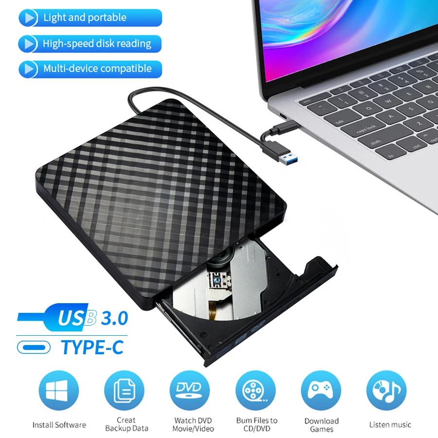 外付け CD DVD 光学ドライブ USB 3.0 Type C 2-in-1 スリム保護可能 CD-RW ドライブ DVD-ROM バーナー プレーヤー ラップトップ デスクトップ用