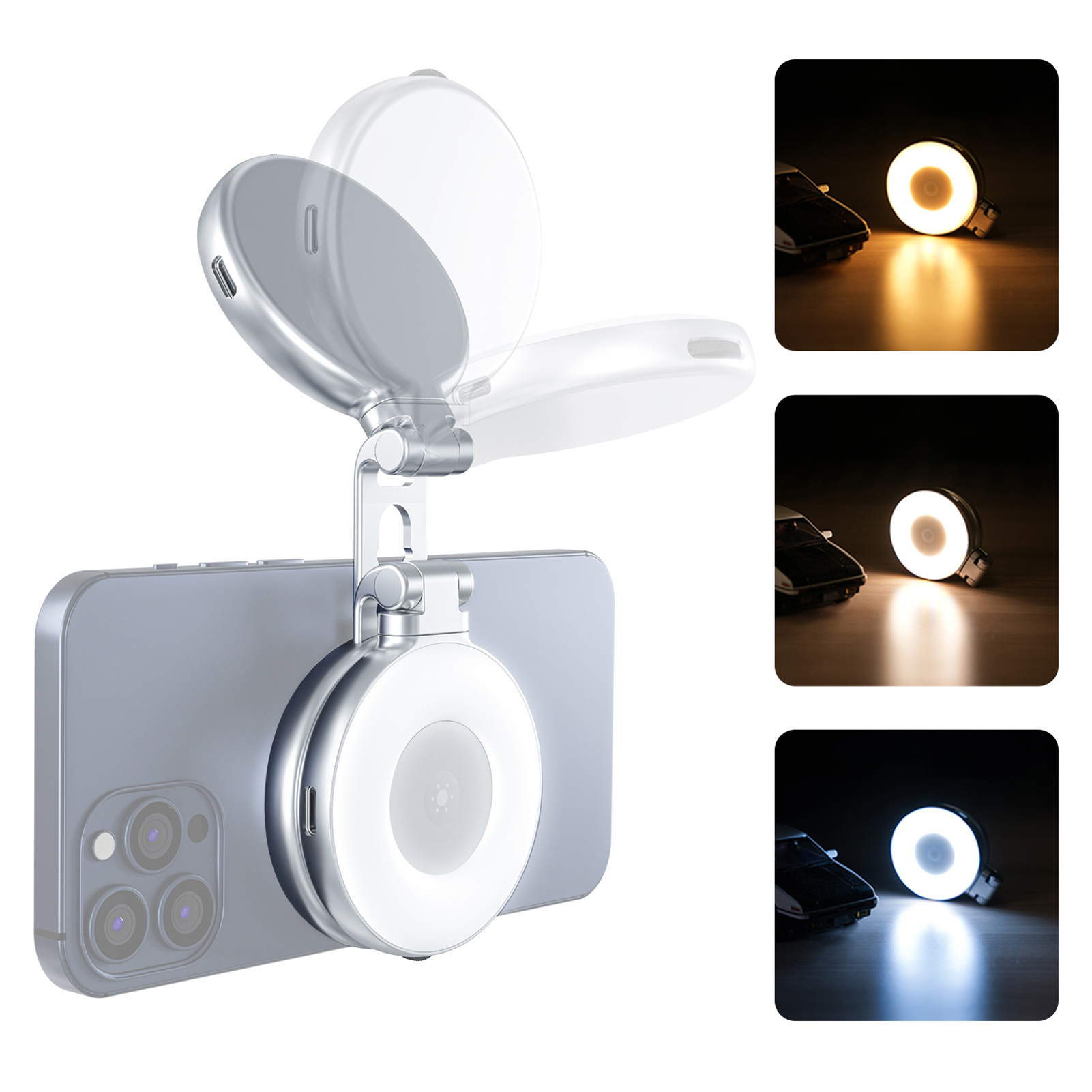 3色磁気自撮りライト 折りたたみ式LEDリングライト 化粧鏡機能付き ライブストリーミング用ポータブルフィルライト