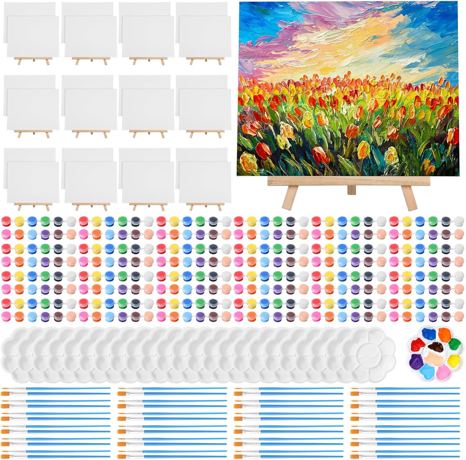 初心者向け絵画キット：8×10インチキャンバスボード24枚セット＆イーゼル、アクリル絵の具、筆、パレット